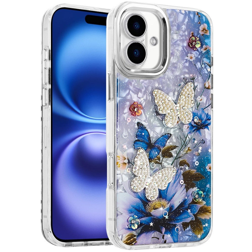 For Apple iPhone 17 (6.3") Epoxy Glitter Flowers Bling 3D Butterfly Fashion TPU Hybrid with Shockproof Protection Case Cover