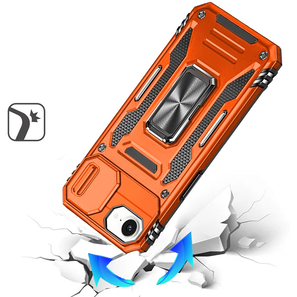 Phone Case for Apple iPhone 17E /16E Tough Metal Ring Shockproof Sliding Camera Window Hybrid Armor Rugged Anti Slip Heavy Duty Grip Cover Cosmic Orange