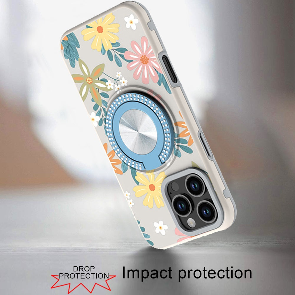 For iPhone 16 Pro Max (6.9") Pattern Design Hybrid with Invisible Ring Stand & Magnetic Back, Shockproof Protective Grip Case Cover