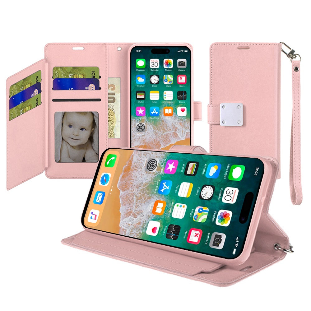 Phone Case for Apple iPhone 16 Plus Wallet Credit Card Holder Leather Grip Shockproof Hybrid Protective Style Durable Flip Pouch Cover Rose Gold