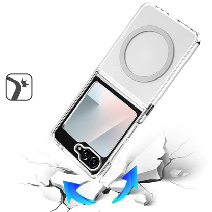 For Samsung Galaxy Z Flip 7 FE / Z Flip 6 Transparent Back Hybrid Case - Magnetic Circle, Color Frame, Metal Buttons, MagSafe Compatible Case Cover