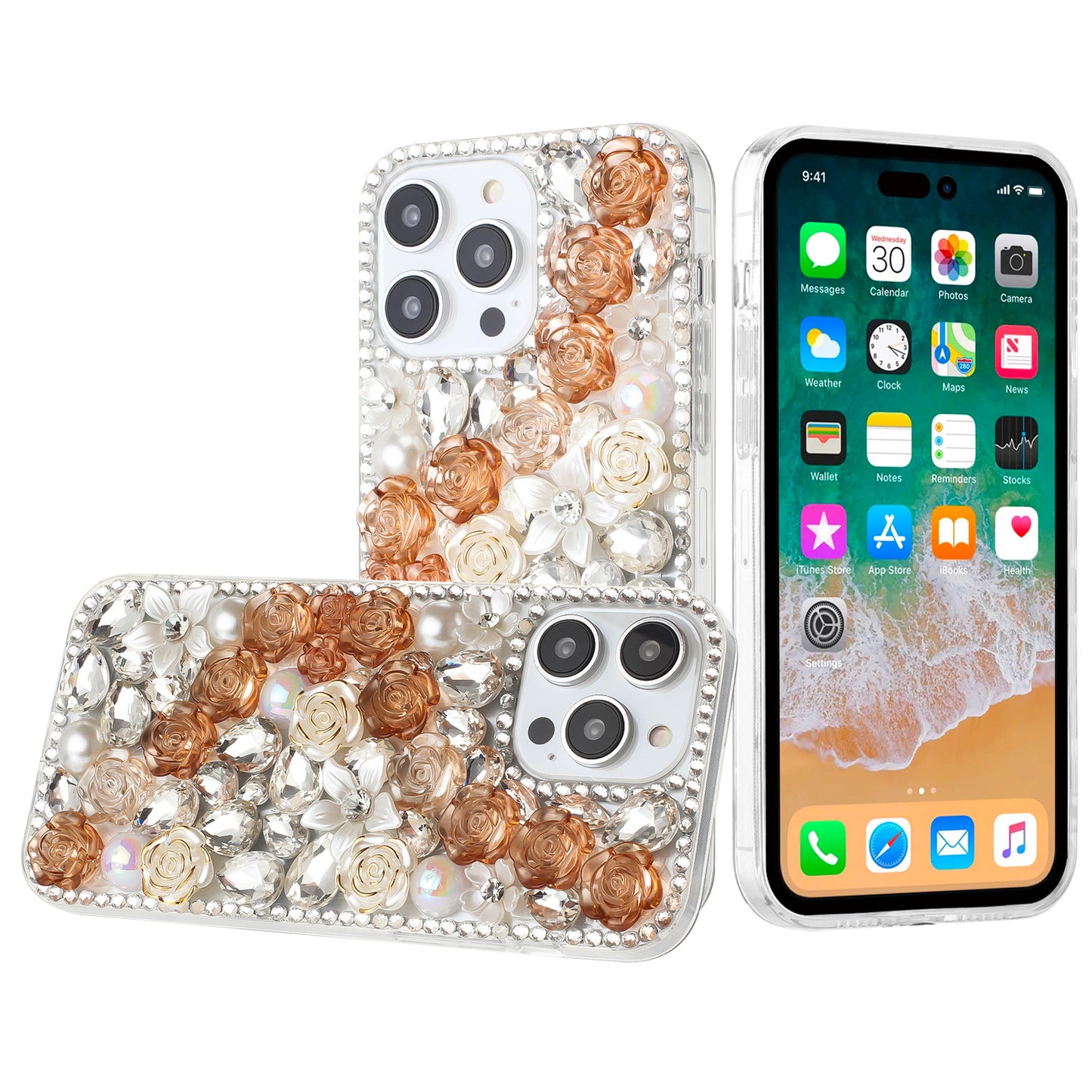For iPhone 15 (6.1") Fashion Rose Flower Floral Bling Crystal 3D Full Diamonds Pearl Sparkle Rhinestone Glitter Hybrid Case Cover Yellow