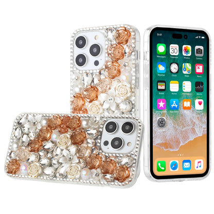 For iPhone 15 (6.1") Fashion Rose Flower Floral Bling Crystal 3D Full Diamonds Pearl Sparkle Rhinestone Glitter Hybrid Case Cover Yellow