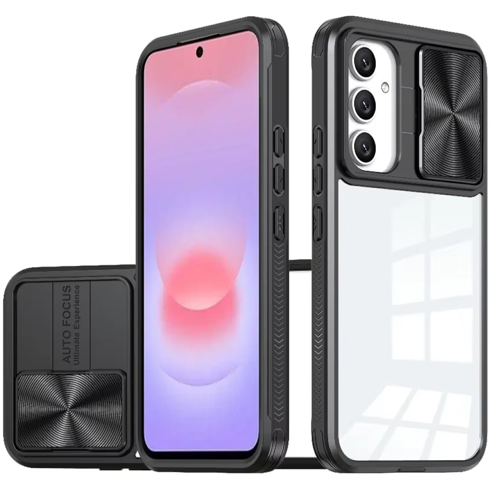 Phone Case for Samsung Galaxy A37 Clear Transparent Back with Sliding Camera Hybrid Shockproof Slim Protective Durable Colorful Frame Cover Black