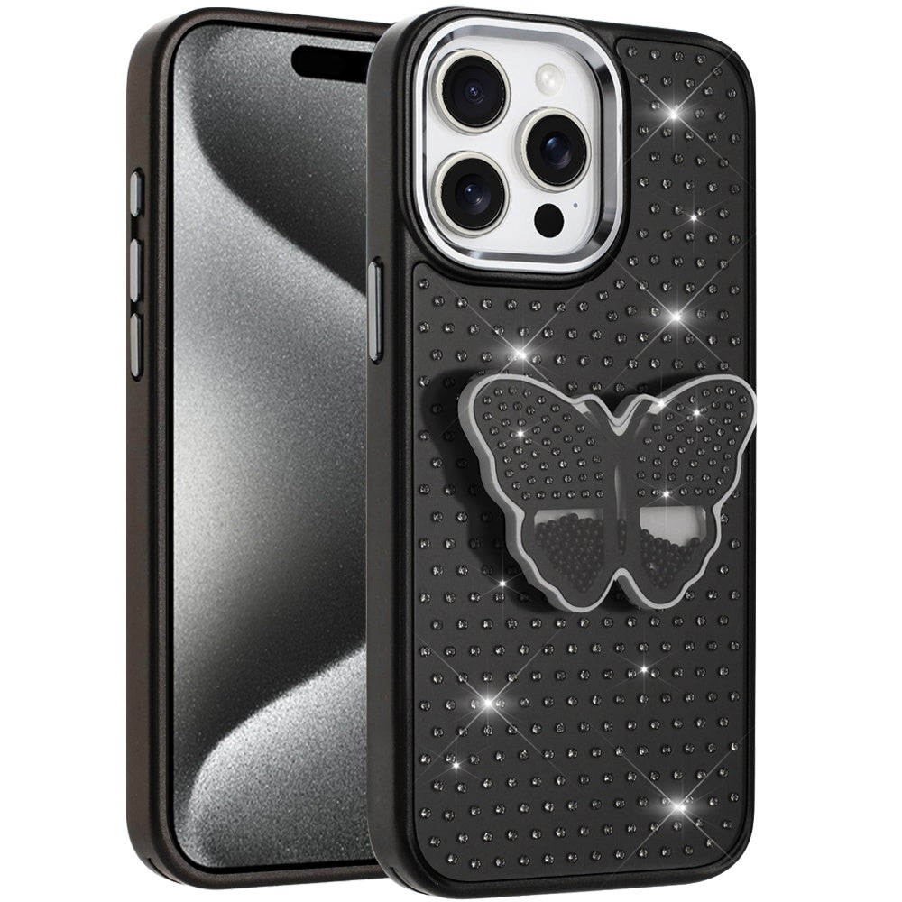 For Apple iPhone 16 Pro Max Butterfly Moveable Grip 3D Pop Stand Full Diamond Bling Sparkling TPU Fashion Hybrid Case Cover