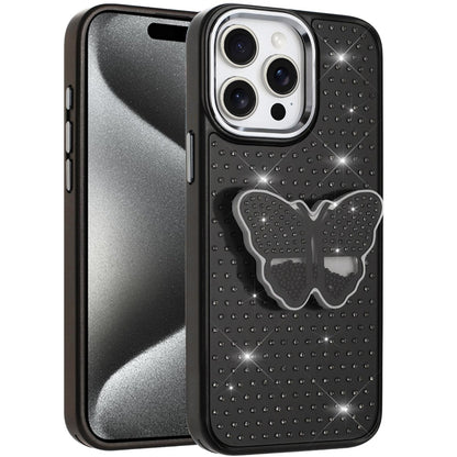 For Apple iPhone 16 Pro Max Butterfly Moveable Grip 3D Pop Stand Full Diamond Bling Sparkling TPU Fashion Hybrid Case Cover