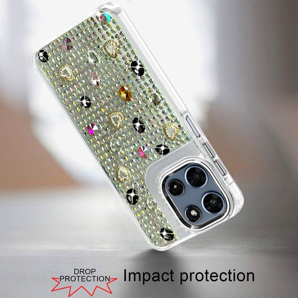 Phone Case for Motorola Moto G 5G 2026/ 2025 Chrome Fashion Hybrid Bling Diamond Heart Rhinestone Decorative Stones Sparkling Embellished Design Cover Black