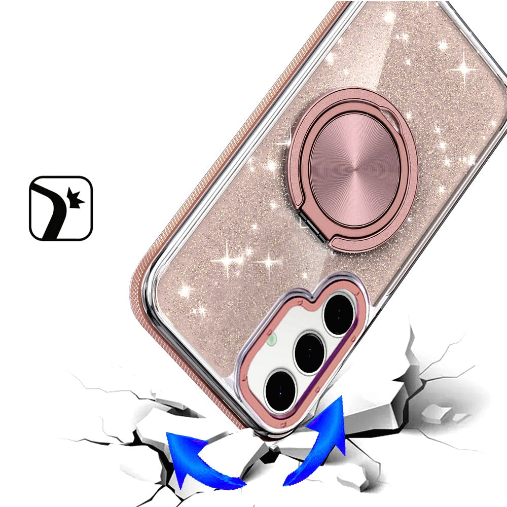 For Samsung Galaxy S25 FE /S25 Fan Edition Slim Bling Glitter Sparkly Shimmer Hybrid with Magnetic Ring and 360° Rotational Stand [Compatible with Magsafe] Case Cover Black