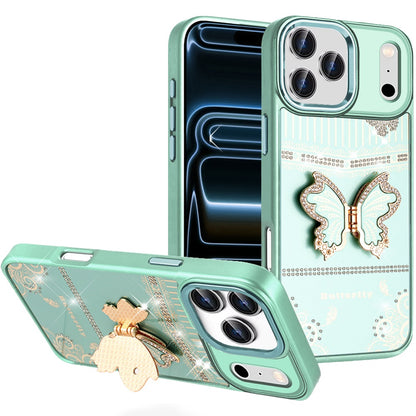 Phone Case for Apple iPhone 17 Pro Max (6.9") Glitter Bling Butterfly Stand Metallic Edge Hybrid Shockproof Grip Durable Camera Protection Stylish Design Cover Teal