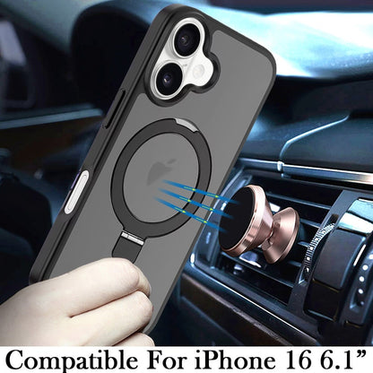 Phone Case for Apple iPhone 16 Magnetic Ring Stand Full Rotation Matte Shockproof Grip Anti Slip Durable Camera Protection Hybrid Cover Black