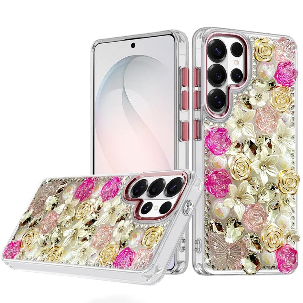 For Samsung Galaxy S26 Ultra 3D Diamond Floral Roses Flower Bling Stone Hybrid, Sparkly Rhinestone Gemstone Back Shockproof Case Cover