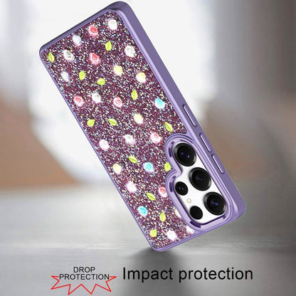 For Samsung Galaxy S26 Ultra Floral Design Embedded Glass Diamond Fancy Fashion Glitter Bling Sparkly Hybrid Rugged TPU Bumper Case Cover