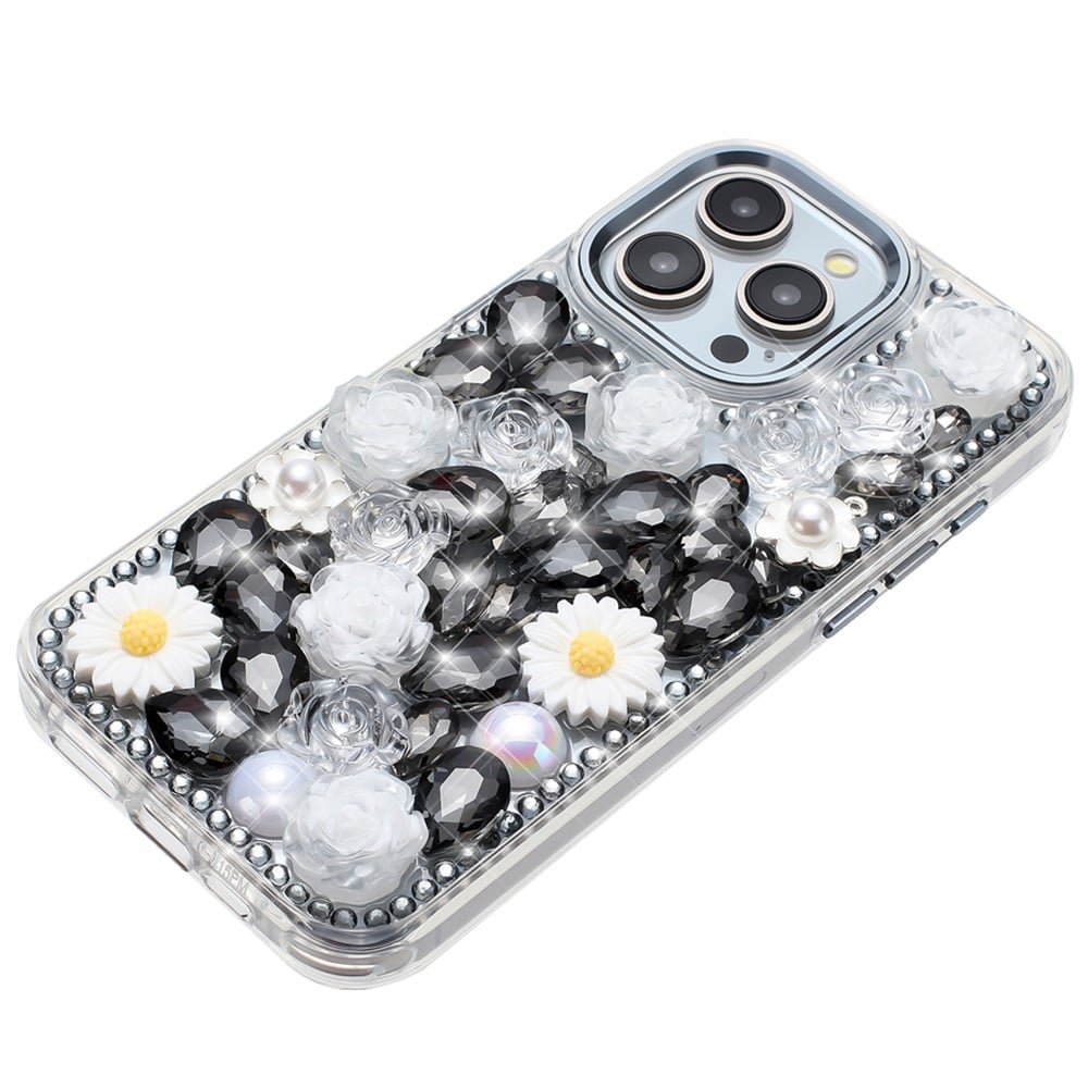 Phone Case for iPhone 15 Pro (6.1") Full Bling Rhinestone Glitter Floral Luxury Hybrid Shockproof Stylish Sparkling Protective Designer Ornament Cover