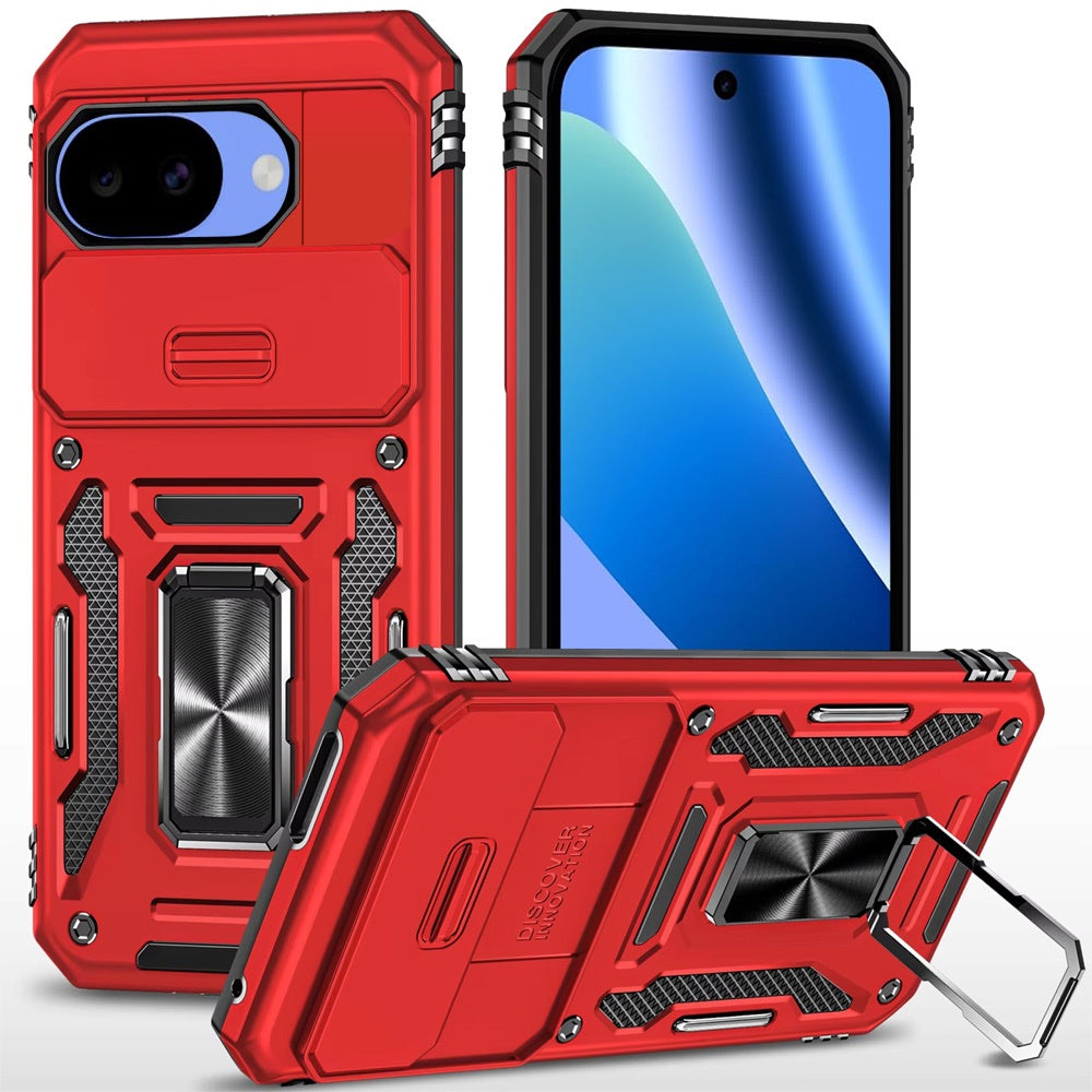 Phone Case for Google Pixel 10A Tough Metal Ring Shockproof Sliding Camera Window Hybrid Armor Rugged Anti Slip Heavy Duty Grip Cover Red
