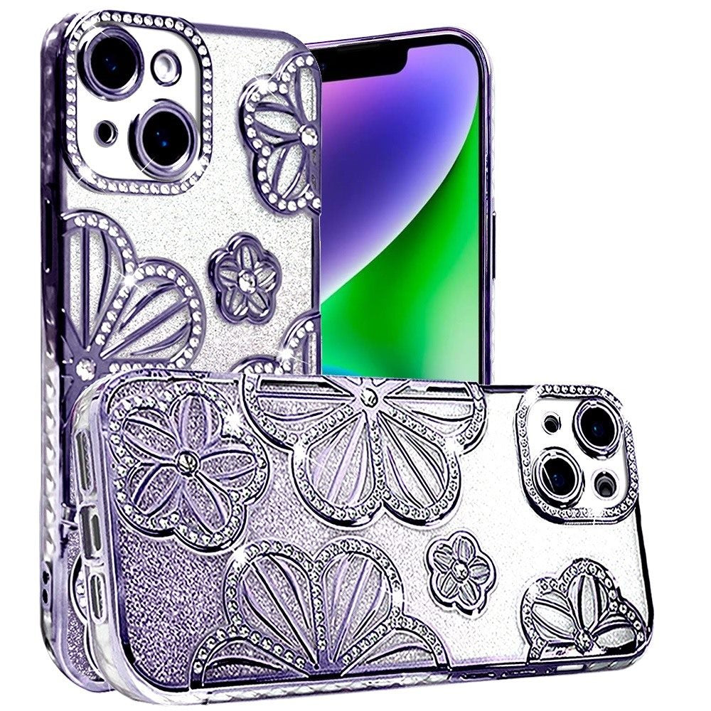 For iPhone 14/13 (6.1") Luxury Flower Design Sparkle Glitter Diamond Rhinestone Shimmer Bling Plating Thick TPU Hard PC Case Cover