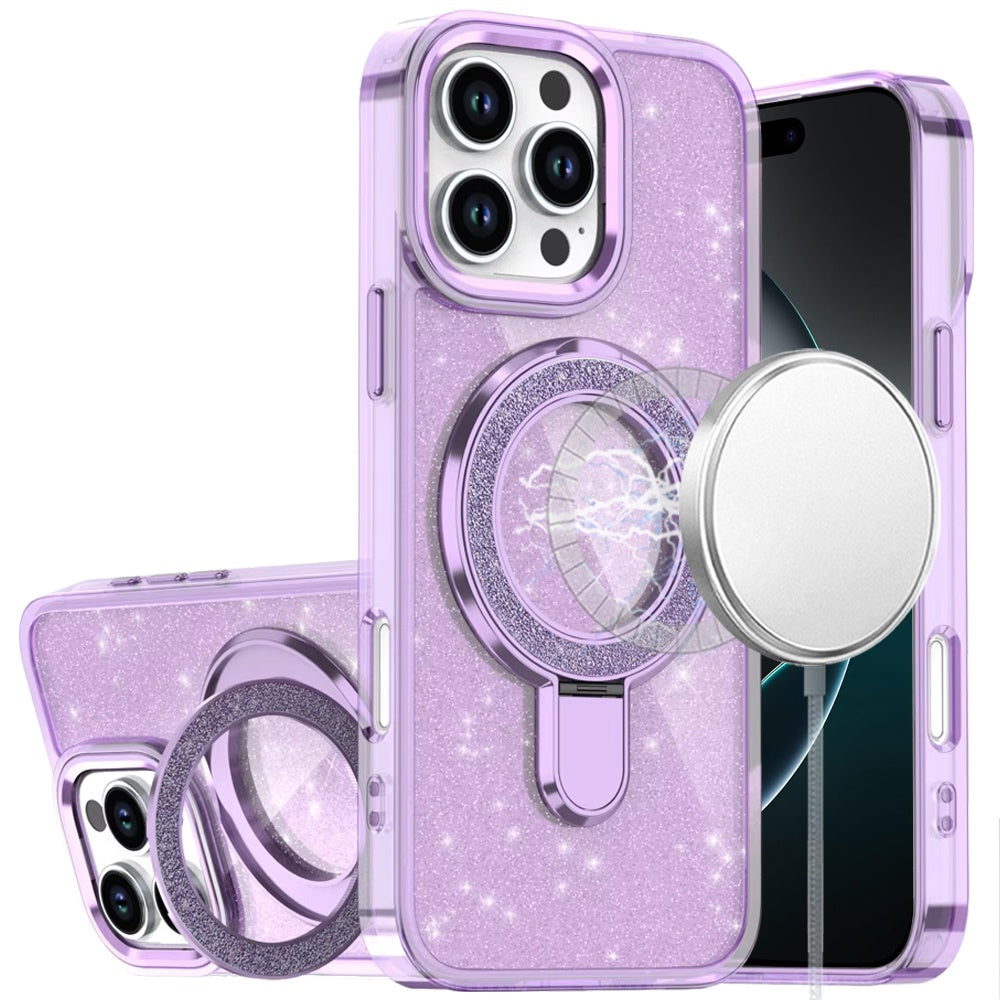 Phone Case for Apple iPhone 16 Pro Max Colofull Transparent Glitter Magnetic Ring Stand Shockproof Rotating Grip Protective Hybrid Durable Cover Light Purple