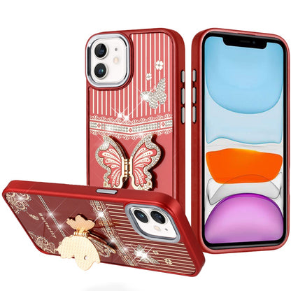 For Apple iPhone 11 Glitter 3D Butterfly Design Bling Metallic Edge Hybrid Stand Drop Protection TPU Shockproof Case Cover Cosmic Orange