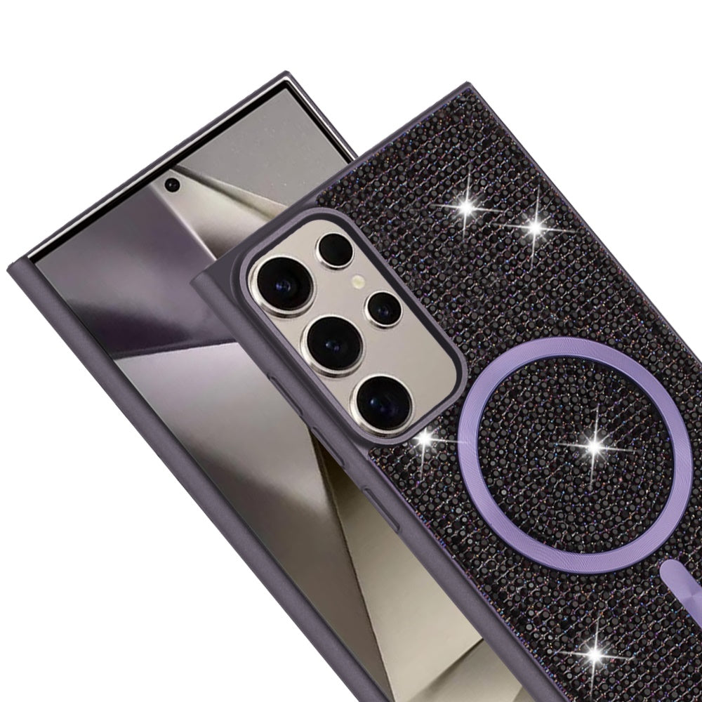 Phone Case for Samsung Galaxy S25 Ultra Magnetic Bling Diamond Sparkle Hybrid Shockproof Rugged Grip Durable Protection Anti-Slip Armor Design Cover Purple