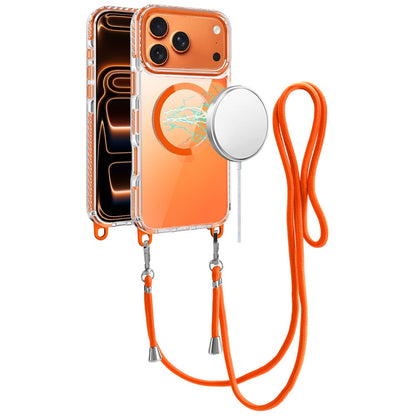 For Apple iPhone 17 Pro (6.3") Clear Magnetic Frame PC Back Shockproof Protective Case with Detachable Lanyard Strap, Compatible with MagSafe Case Cover Black