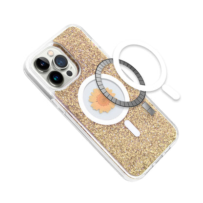For Apple iPhone 16e MagSafe Compatible Glitter Flower Epoxy Hybrid Slim TPU Case, Magnetic Circle Design, Sparkly Bling Protective Case Cover