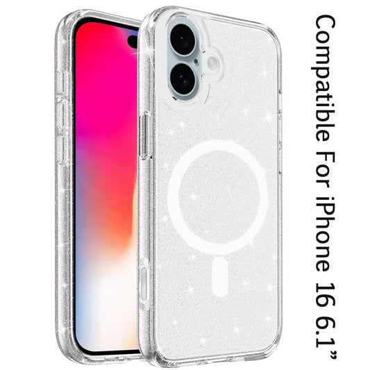 For iPhone 16 (6.1") MagSafe Compatible Glitter Sparkle Bling Hybrid Case with Magnetic Circle, Slim TPU & Hard PC Frame Case Cover Clear