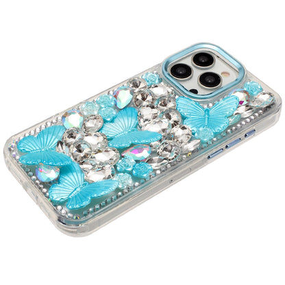 For Apple iPhone 13 Pro Max 3D Diamond Floral Butterfly Bling Stone Hybrid, Sparkly Rhinestone Gemstone Back Shockproof Case Cover