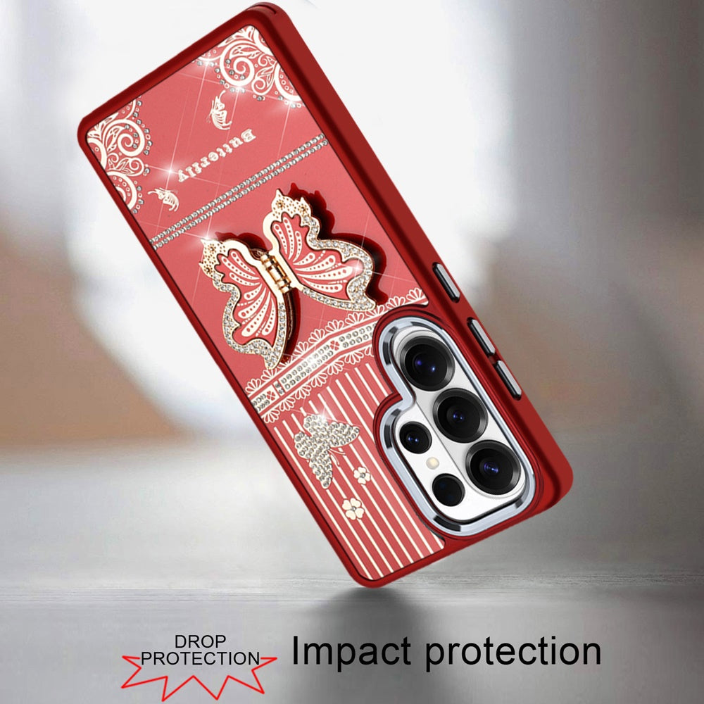 For Samsung Galaxy S25 Ultra Glitter 3D Butterfly Design Bling Metallic Edge Hybrid Stand Drop Protection TPU Shockproof Case Cover
