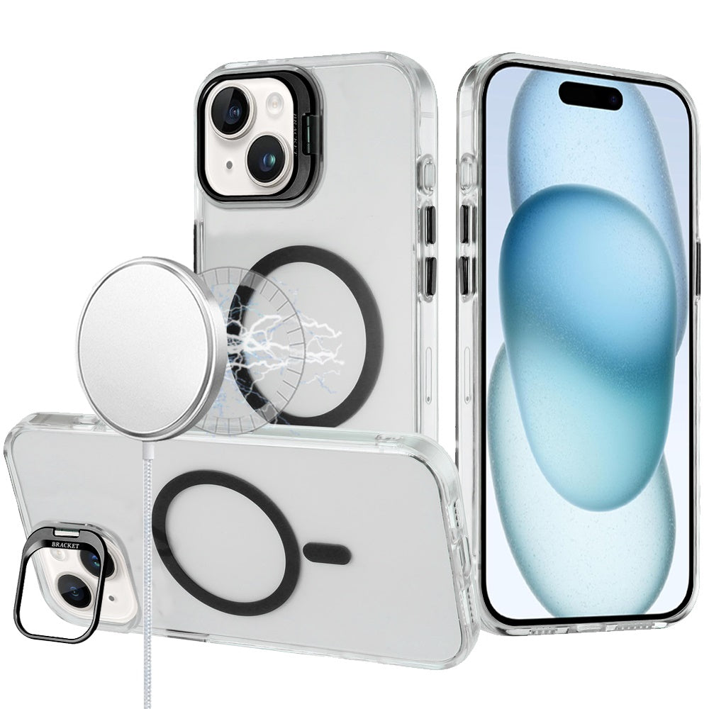 For Apple iPhone 14 /13 Transparent Hybrid Magnetic Circle with Camera Lens Kickstand, Shockproof Slim TPU PC Case Cover