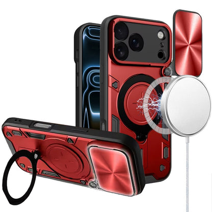 Phone Case for Apple iPhone 18 Pro/ iPhone 17 Pro Magnetic Ring Stand Shockproof Hybrid Full Camera Slide Guard Anti Slip Heavy Duty Protective Armor Cover Red