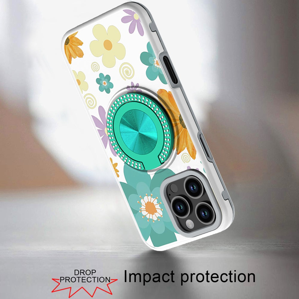 For iPhone 16 Pro Max (6.9") Pattern Design Hybrid with Invisible Ring Stand & Magnetic Back, Shockproof Protective Grip Case Cover