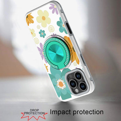 For iPhone 16 Pro Max (6.9") Pattern Design Hybrid with Invisible Ring Stand & Magnetic Back, Shockproof Protective Grip Case Cover