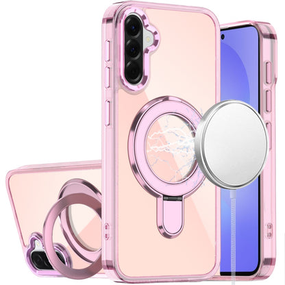 Phone Case for Samsung Galaxy A37 Chrome Magnetic Ring Stand Rotational Shockproof Hybrid Kickstand Metal Finish Rugged Drop Protection Armor Cover Pink
