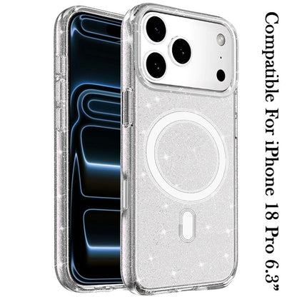 Phone Case for Apple iPhone 18 Pro Glitter Magnetic Transparent Shockproof Hybrid TPU Thick 3mm Grip Durable Camera Protection Anti-Slip Cover