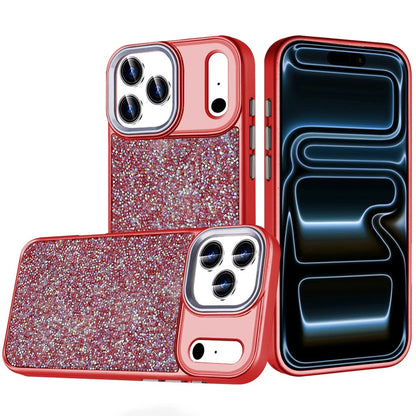 For Apple iPhone 17 Pro Max (6.9") Crystal Sparkle Diamond Glass Full Mini Glitter Bling Frame TPU Hybrid Protective Case Cover Red