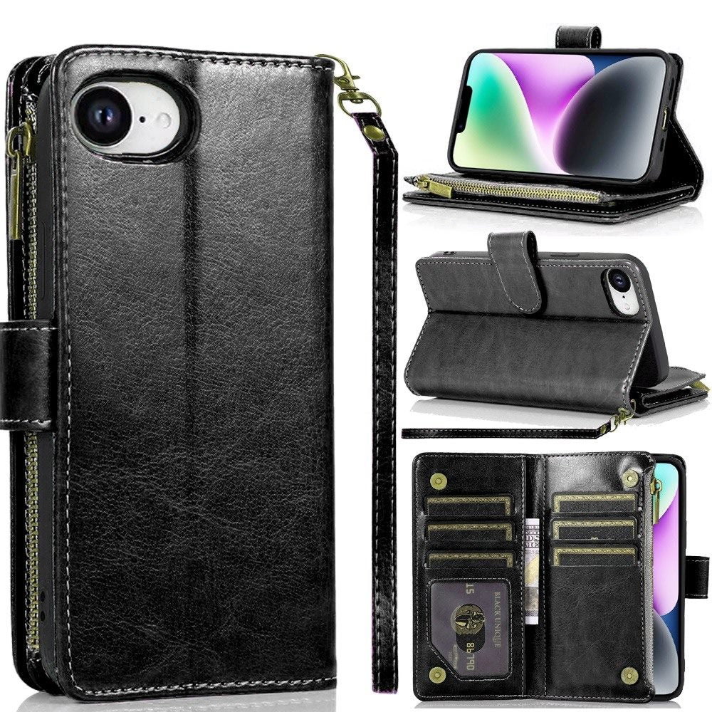 For Apple iPhone 17E /16E Leather Wallet Case with Zipper, 9 Card Slots, Cash Pocket, Stand & Strap, Clutch Pouch Design Case Cover Black