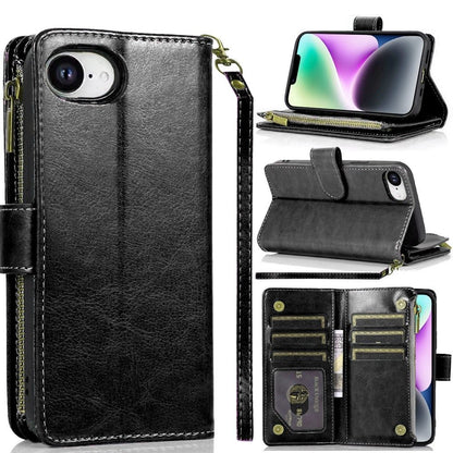 For Apple iPhone 17E /16E Leather Wallet Case with Zipper, 9 Card Slots, Cash Pocket, Stand & Strap, Clutch Pouch Design Case Cover Black