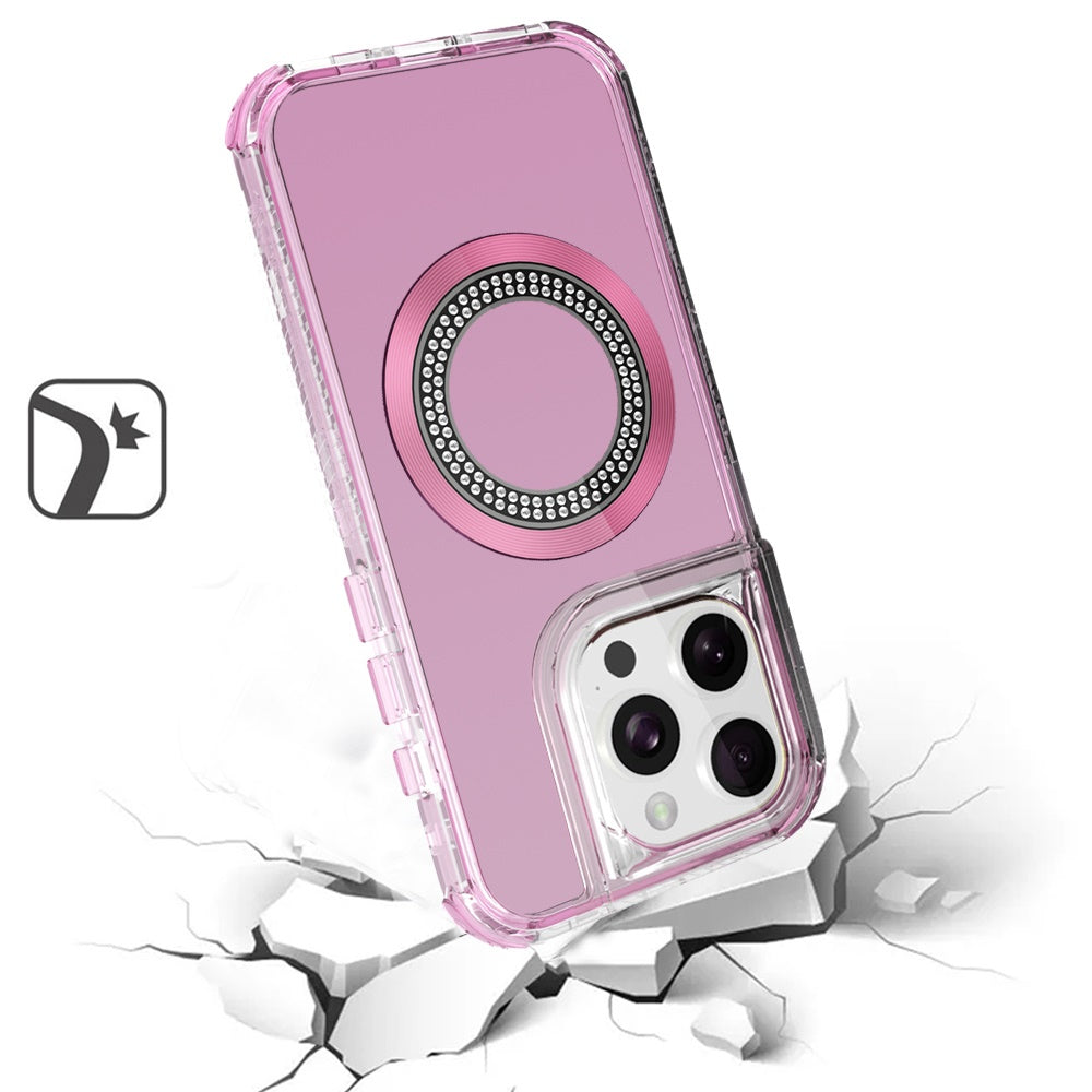 For Apple iPhone 17E /16E Magnetic Circle Compatible with Magsafe, Hybrid Chrome 3in1 Transparent Shockproof TPU Bumper Case Cover Pink