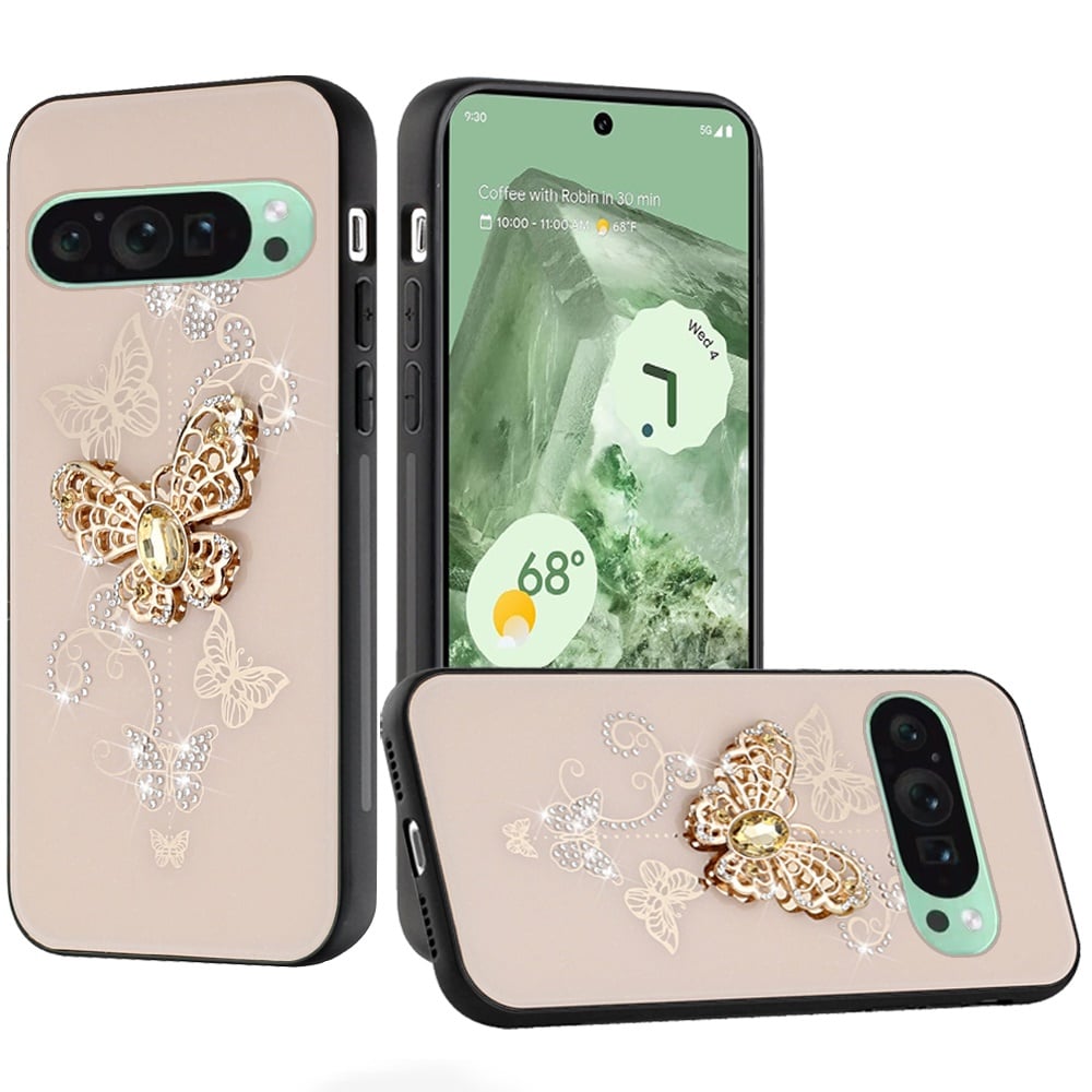 For Google Pixel 9, 9 Pro Diamonds 3D Butterfly Bling Sparkly Glitter Ornaments Engraving Hybrid with Stand Fashion Case Cover Garden Butterflies Gold