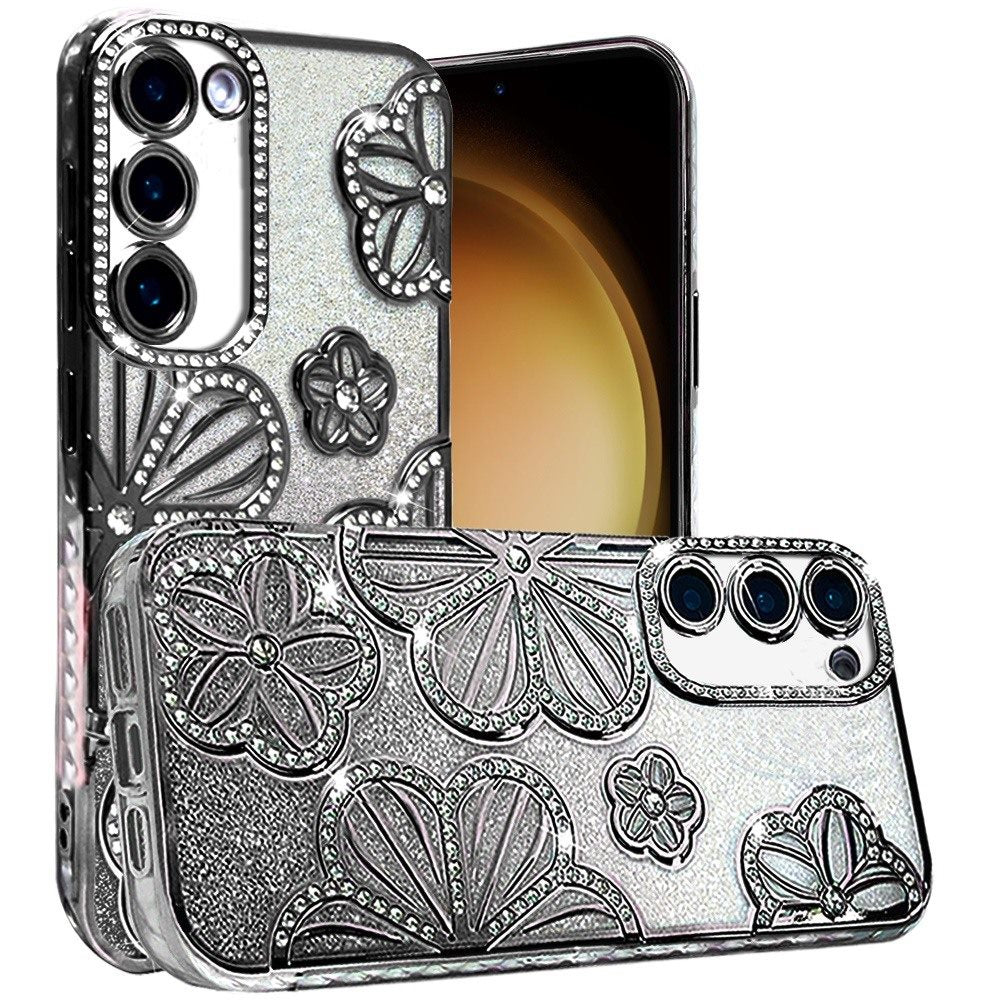 Phone Case for Samsung Galaxy S23 Shimmer Glitter Floral Thick TPU Shockproof Durable Grip Camera Protection Anti-Scratch Stylish Design Cover Black