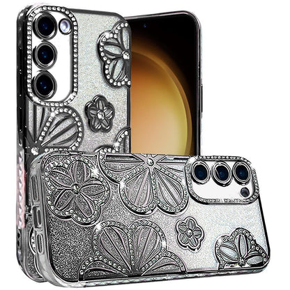 Phone Case for Samsung Galaxy S23 Shimmer Glitter Floral Thick TPU Shockproof Durable Grip Camera Protection Anti-Scratch Stylish Design Cover Black