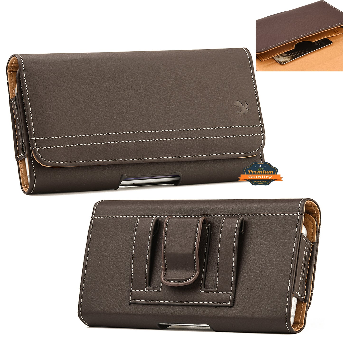 For Apple iPhone 16 Pro (6.3") Horizontal Universal Carry Pouch Cell Phone Case PU Leather Holster Belt Clip Loop Card Slot & Magnetic Closure [Brown]