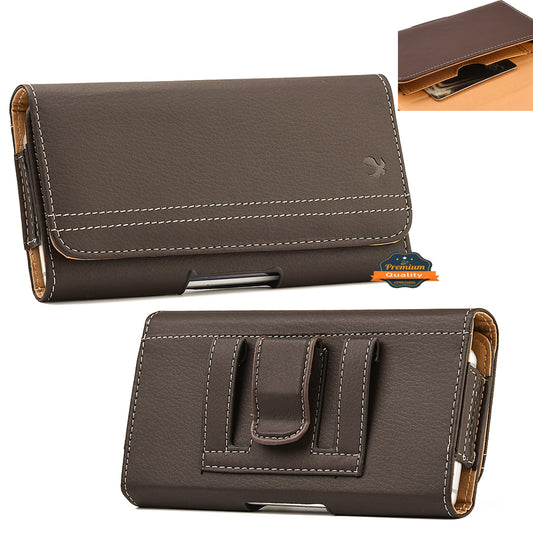 For Apple iPhone 16 Pro (6.3") Horizontal Universal Carry Pouch Cell Phone Case PU Leather Holster Belt Clip Loop Card Slot & Magnetic Closure [Brown]