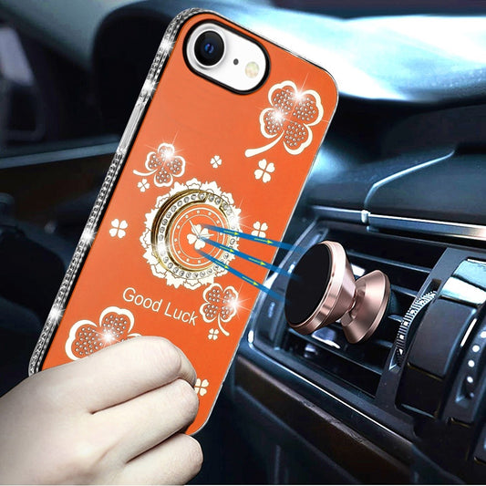 Phone Case for Apple iPhone 17E /16E Glitter Diamond Ring Stand Sparkle Rhinestone Edge AntiSlip Kickstand Luxury Fashion Bumper Shockproof Cover Cosmic Orange