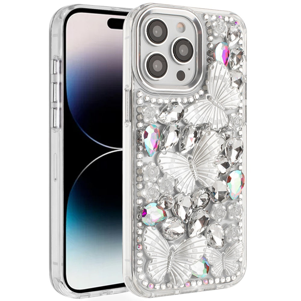 Phone Case for Apple iPhone 14 Pro Max Luxury 3D Floral Butterfly Bling Rhinestone Glitter Shockproof Stylish Protective Hybrid Designer Metallic Cover Silver