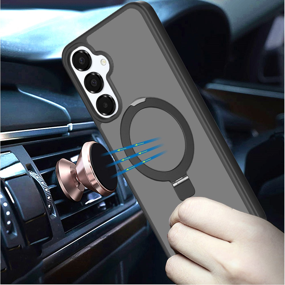 For Samsung Galaxy A16 5G Magnetic Circle Back with Ring Stand Full Rotation Matte Hybrid Shockproof Case Cover Black