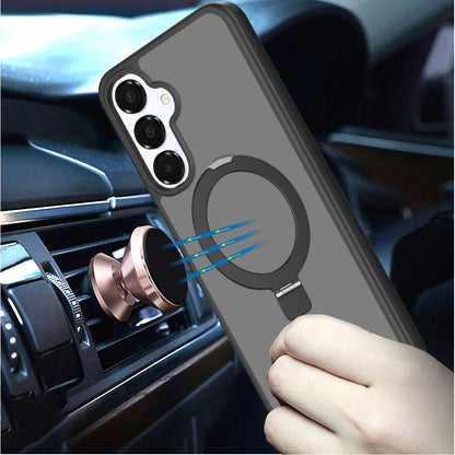 For Samsung Galaxy A16 5G Magnetic Circle Back with Ring Stand Full Rotation Matte Hybrid Shockproof Case Cover Black