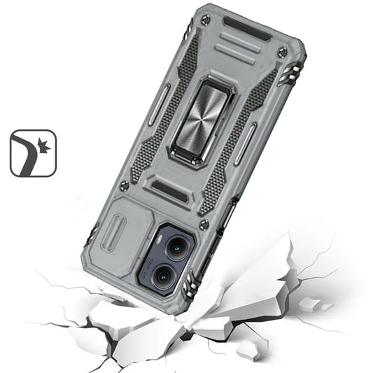 Phone Case for Motorola Edge 2024 Tough Metal Ring Shockproof Sliding Camera Window Hybrid Armor Rugged Anti Slip Heavy Duty Grip Cover Gray