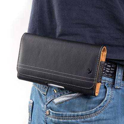 For Apple iPhone 16 Pro (6.3") Horizontal Universal Carry Pouch Cell Phone Case PU Leather Holster Belt Clip Loop Card Slot & Magnetic Closure [Black]