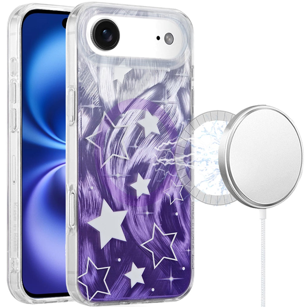 For Apple iPhone 17 Stylish Pattern Fashion IMD Printed Design TPU Double Layer Slim Shockproof with Magnetic Back Case Cover Gradient Purple Star