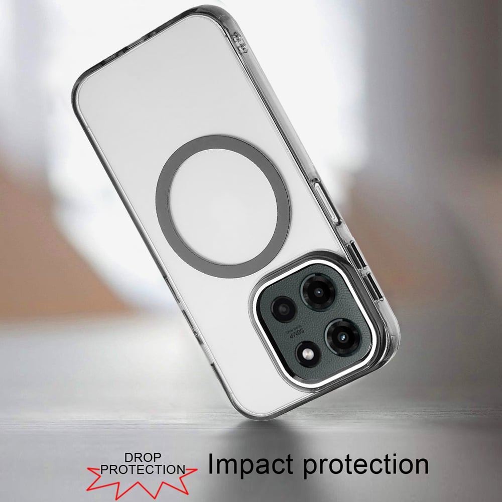 For Motorola Edge 2025 Transparent Back Hybrid Case - Magnetic Circle, Color Frame, Metal Buttons, MagSafe Compatible Case Cover Black